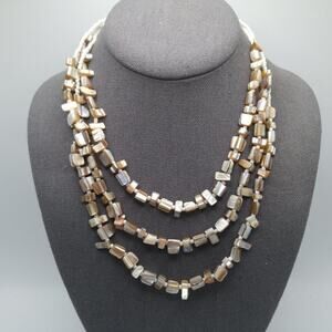 Abalone Shell Three Strand Necklace, Glass White Seed Beads, 19 Inches